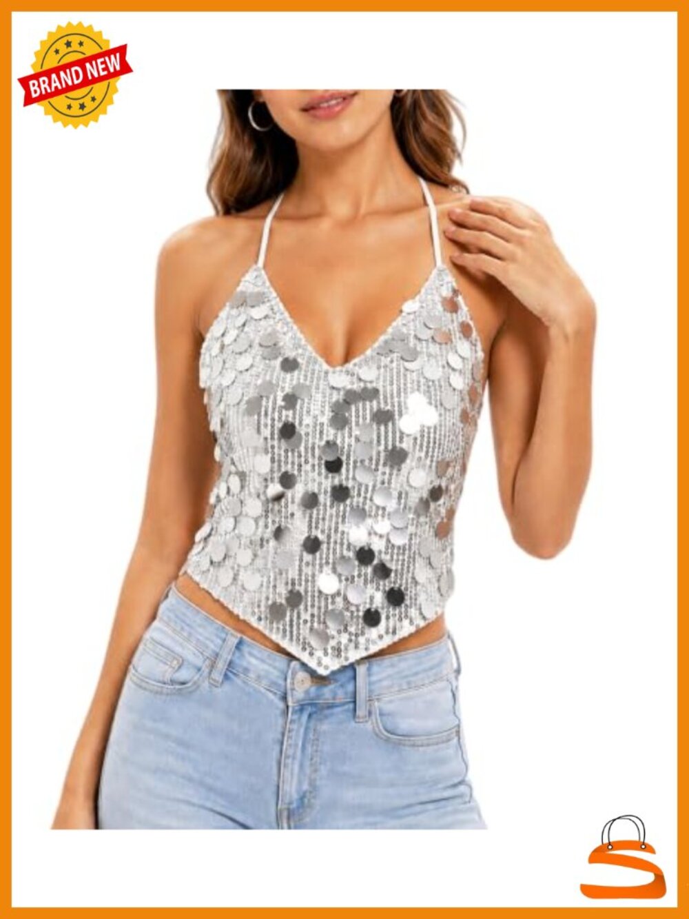Sequin Halter Tank Top V Neck Open Back Party Sparkle Camisole